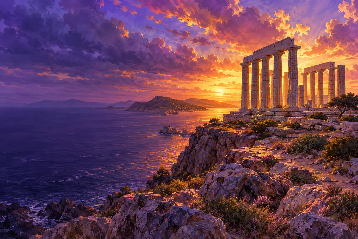Colonnes doriques du temple de Poséidon au cap Sounion, dorées par le coucher du soleil au-dessus de la mer Égée