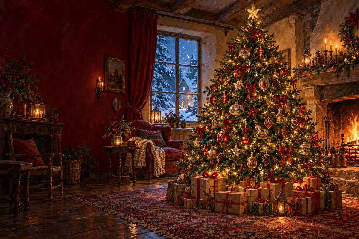 Grand sapin de Noël aux boules de verre anciennes, paquets en kraft et rubans rouges près d’une cheminée enneigée
