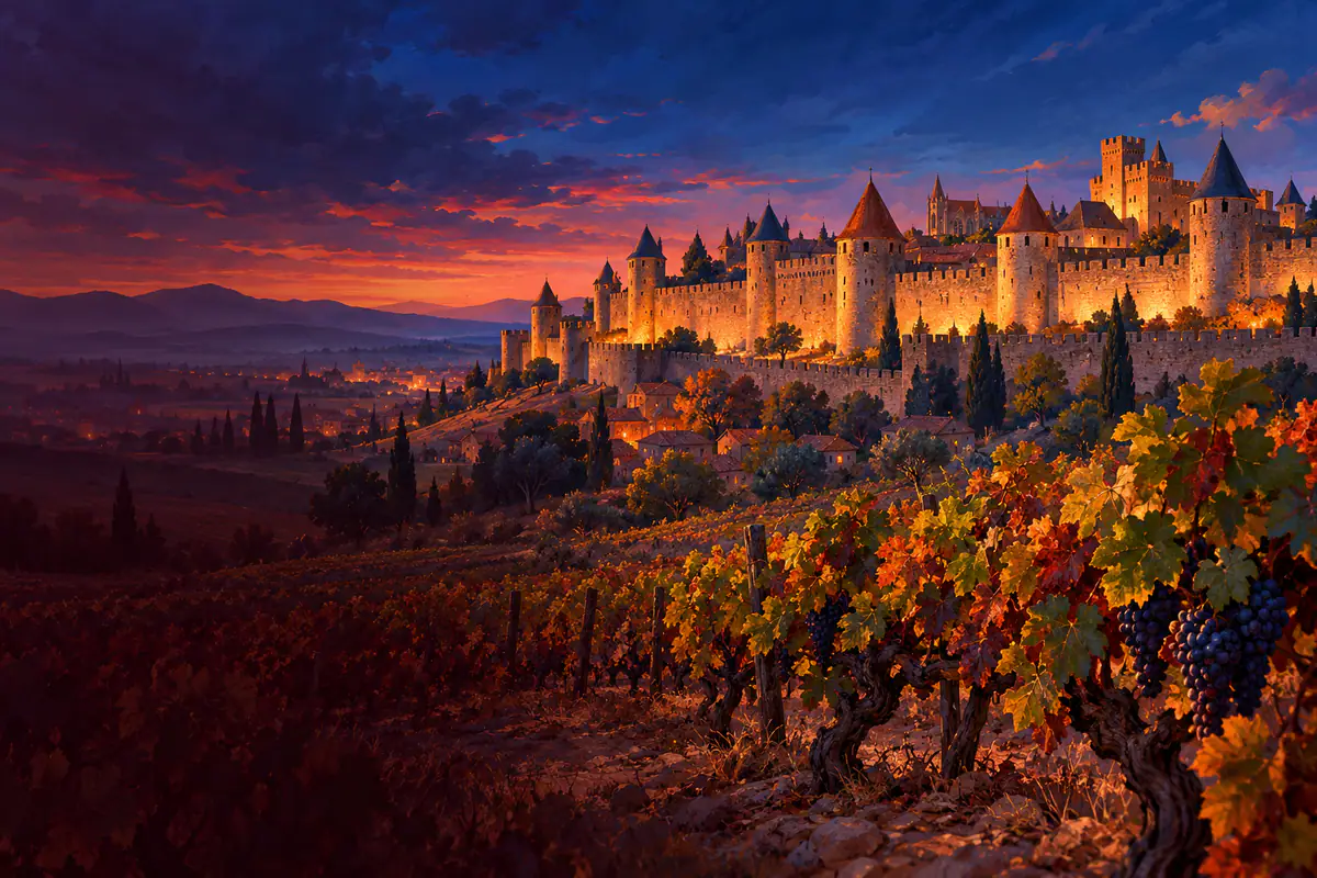 Remparts et tours illuminés de la cité médiévale de Carcassonne à l’heure bleue, vignes au premier plan