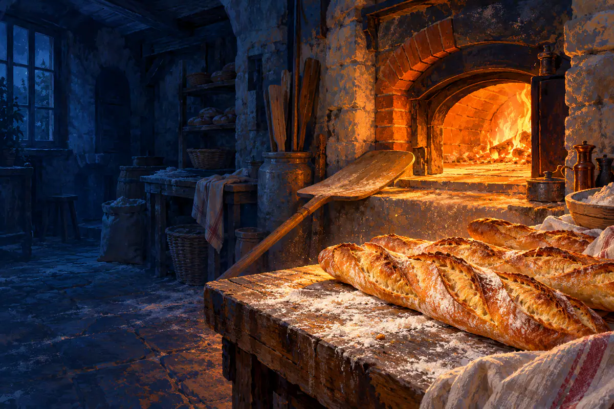 Baguettes dorées sortant du four à bois d’un fournil artisanal à l’aube, farine dans la lumière orange