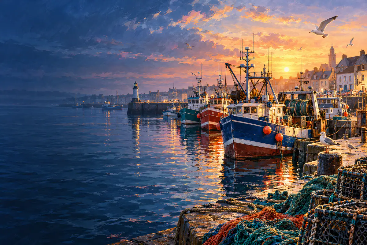 Chalutiers colorés amarrés au port de pêche du Guilvinec au petit matin, casiers, filets et mouettes