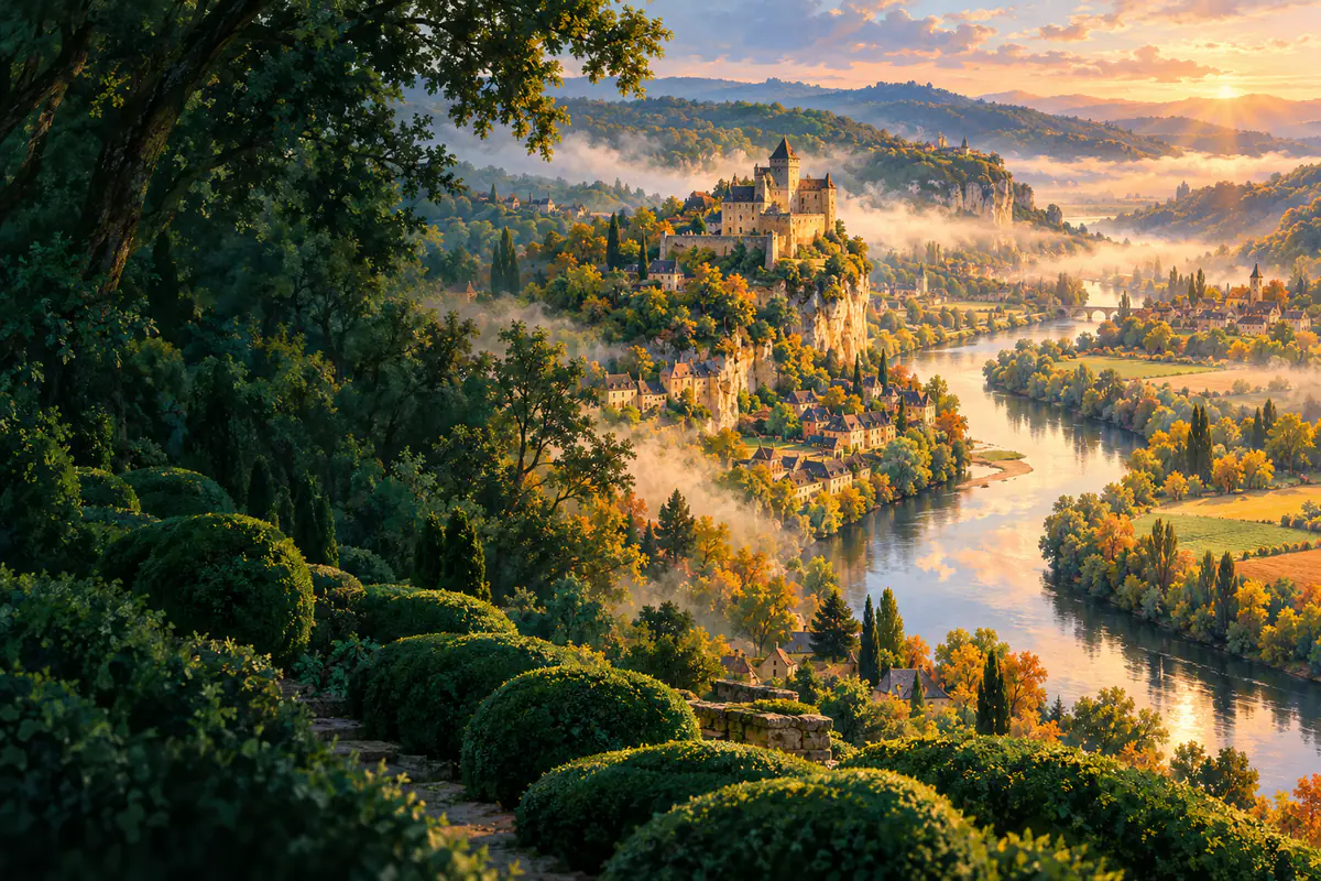 Méandre de la Dordogne vu des jardins de Marqueyssac, château de Castelnaud et brume d’automne au matin