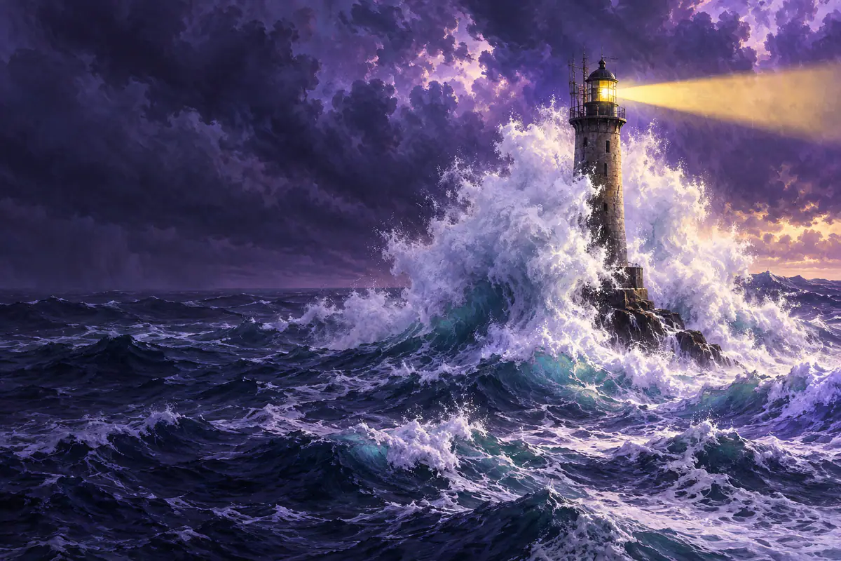 Le phare d’Ar-Men au large de l’île de Sein enveloppé par une énorme vague sous un ciel d’orage
