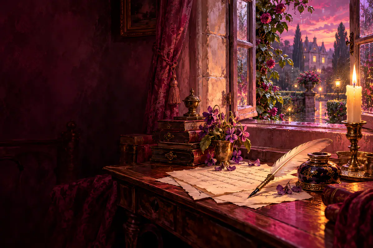 Plume d’oie, encrier et pages manuscrites sur un bureau en noyer, à la bougie, devant un jardin sous la pluie