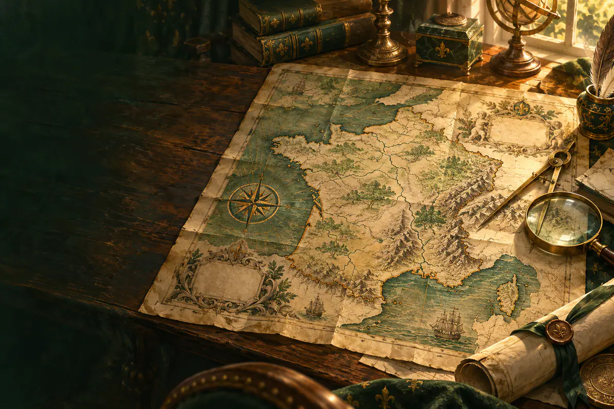 Carte de France ancienne dépliée sur une table en chêne, avec compas en laiton et loupe dans la lumière dorée
