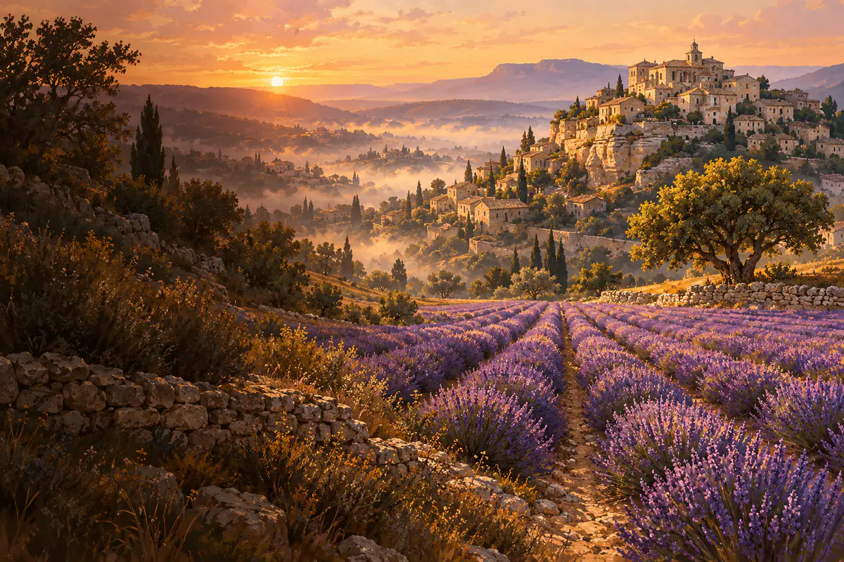 Rangs de lavande en fleur filant vers le village perché de Gordes, dans le Luberon, au lever du soleil