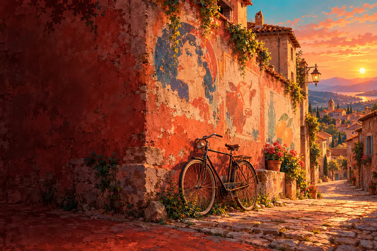 Mur de brique couvert d’anciennes réclames peintes et délavées, vélo ancien appuyé au soleil couchant
