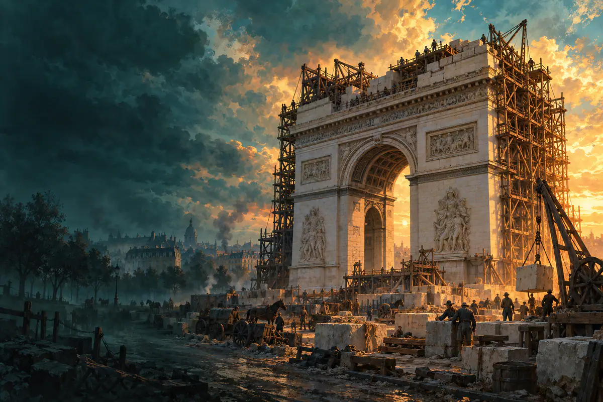 Arc de triomphe de l’Étoile en construction vers 1830, échafaudages de bois et ciel dramatique sur Paris