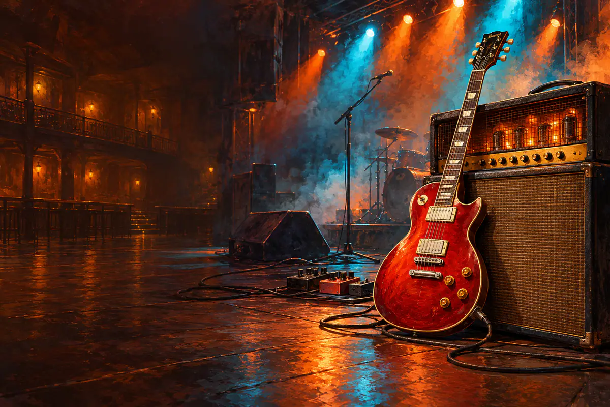 Guitare électrique rouge cerise contre un ampli à lampes, sur une scène balayée de projecteurs colorés