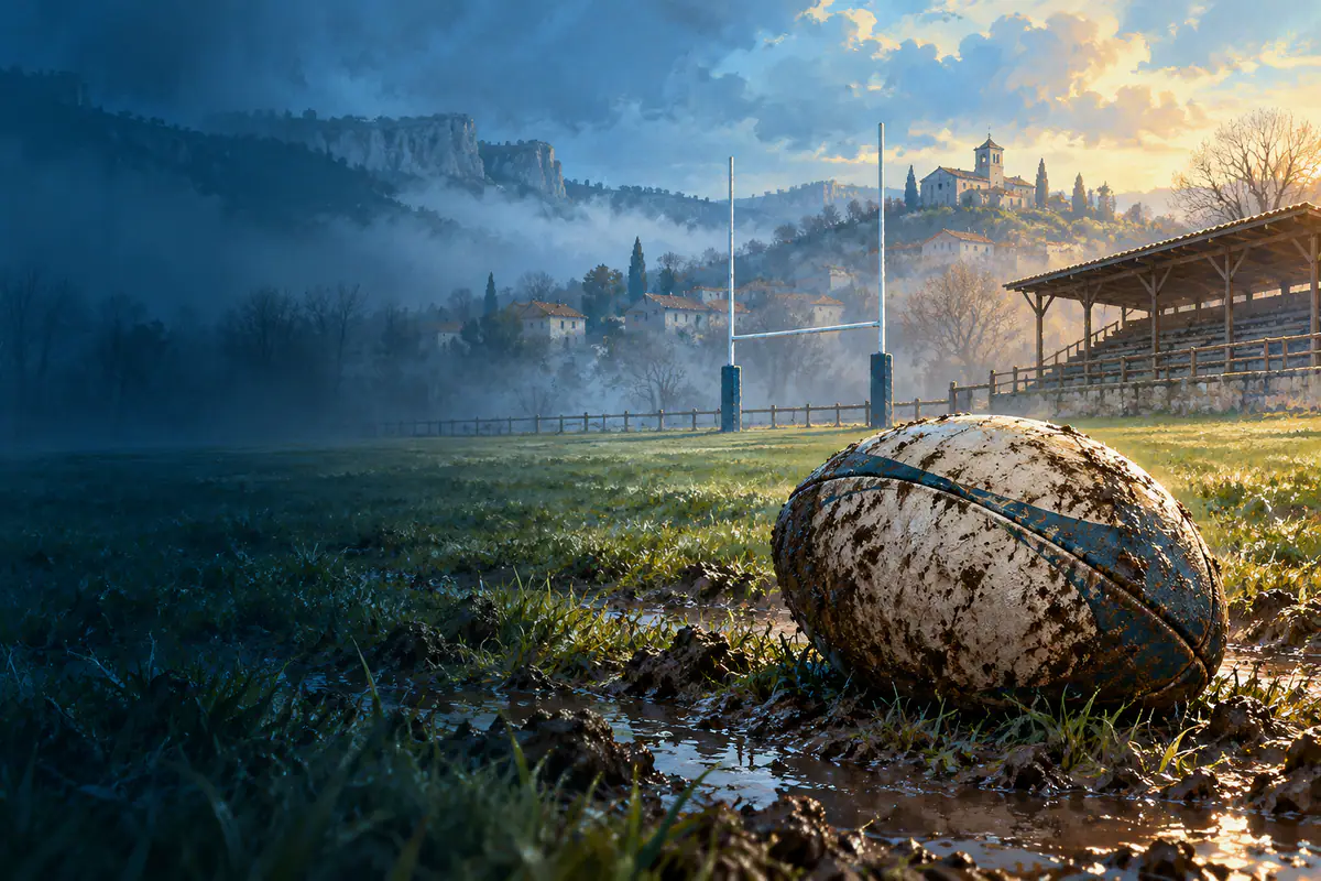 Ballon de rugby sur la pelouse boueuse d’un stade de village du Sud-Ouest, poteaux en H dans la brume d’hiver