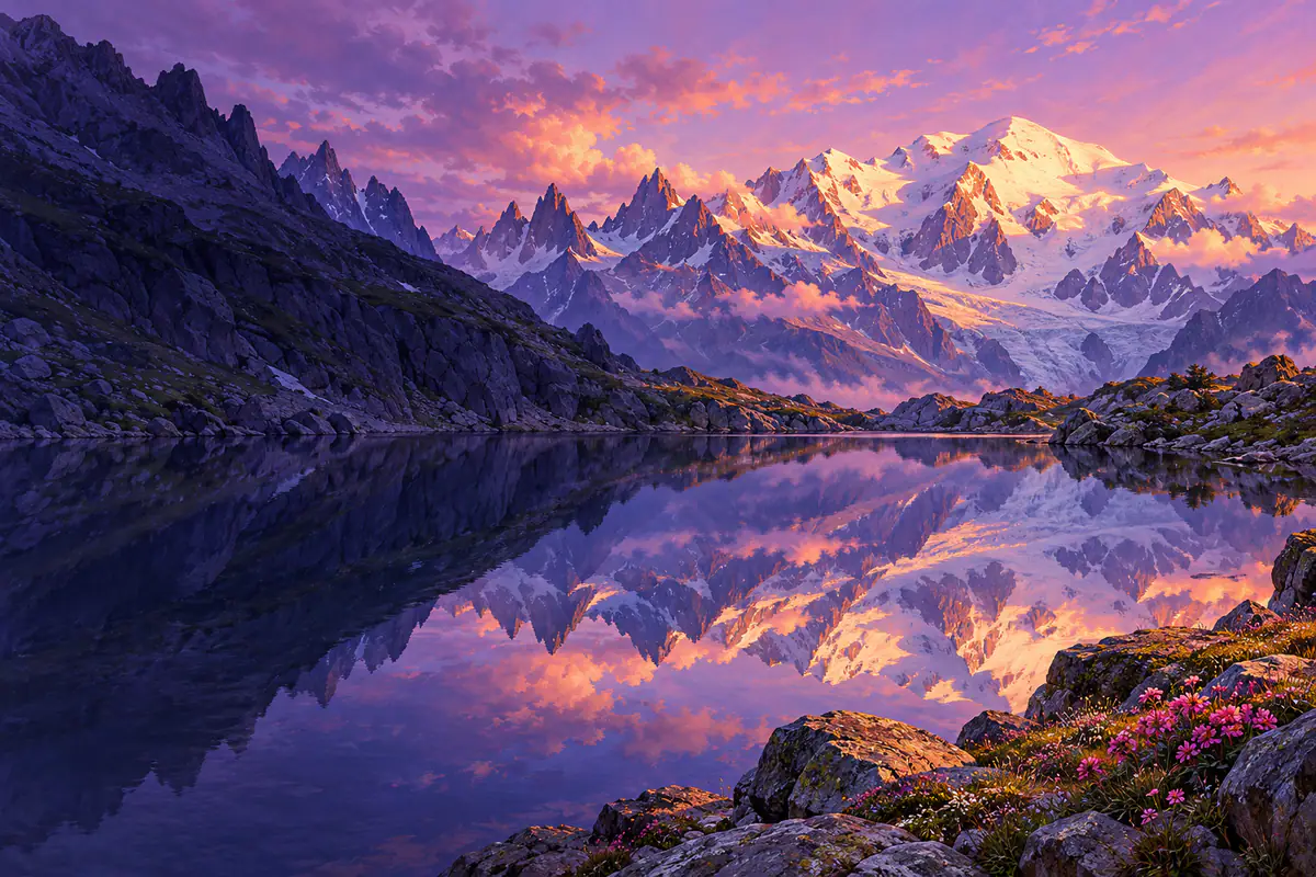 Le massif du Mont-Blanc et ses Aiguilles reflétés dans le lac Blanc au petit matin d’été, fleurs alpines