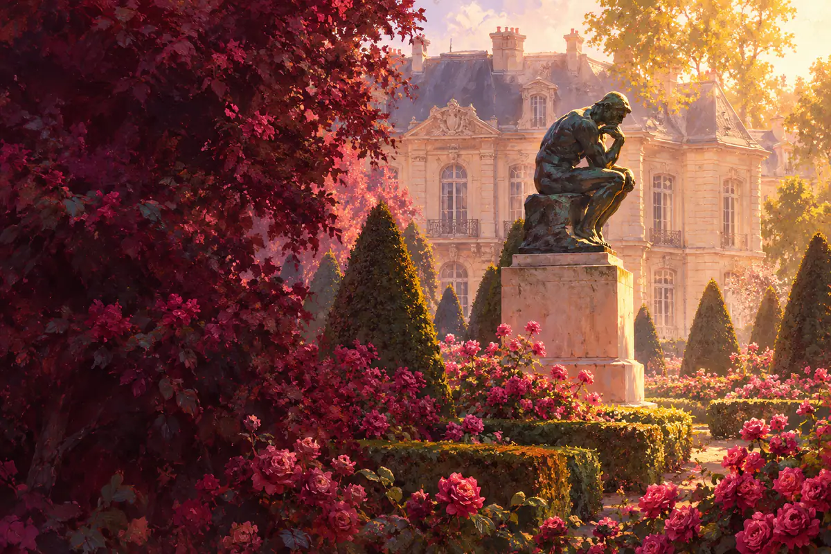 Penseur de bronze sur son piédestal dans le jardin du musée Rodin à Paris, entre ifs taillés et roses