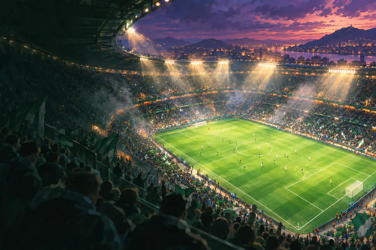 Grand stade un soir de match vu du haut des tribunes, pelouse éclatante sous les projecteurs et brume lumineuse