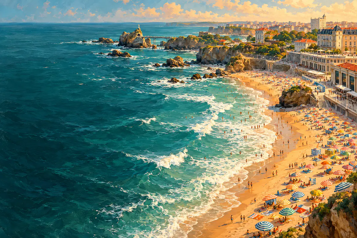 Grande plage de Biarritz en août vue d’en haut, parasols rayés multicolores, vagues et rocher de la Vierge
