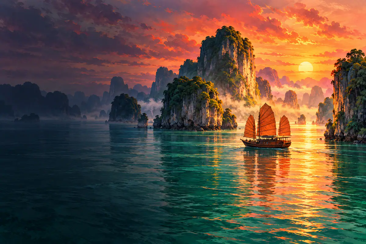 Pitons calcaires de la baie d’Ha Long émergeant de l’eau émeraude au lever du soleil, jonque aux voiles ocre