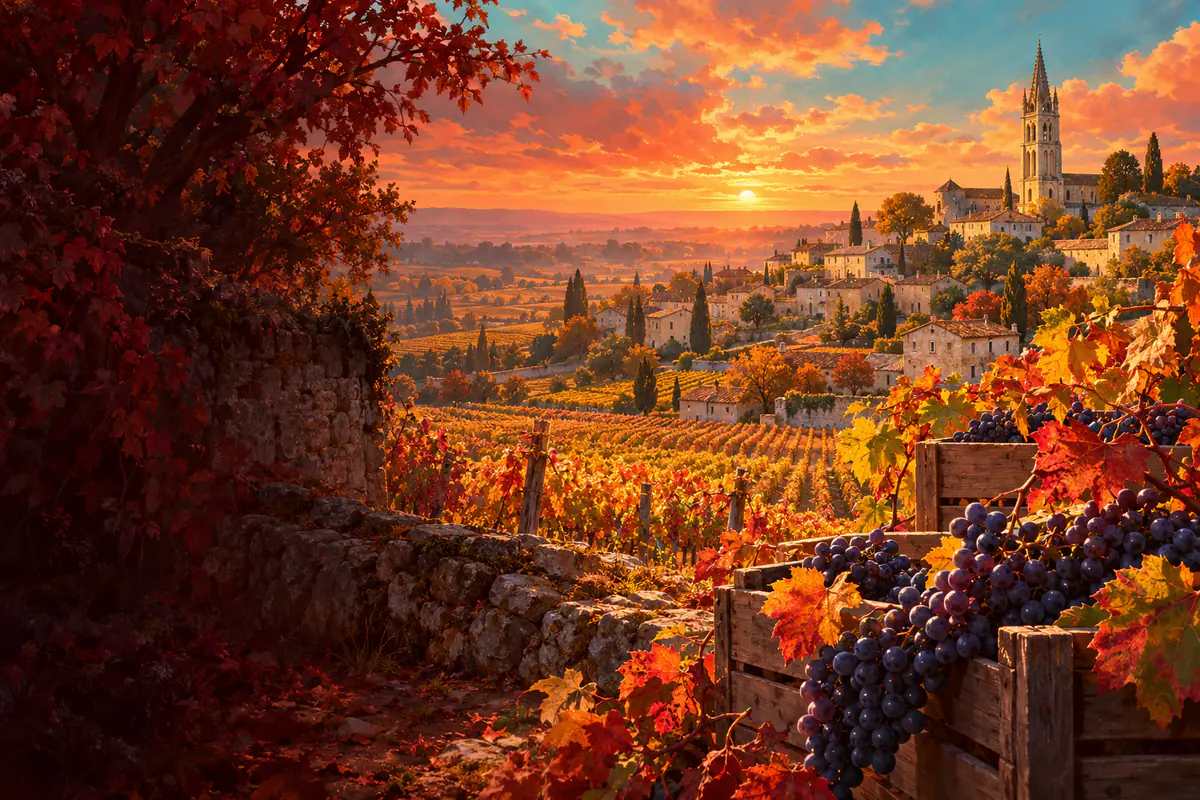 Vignoble de Saint-Émilion en automne au soleil couchant, grappes de merlot et clocher du village au loin